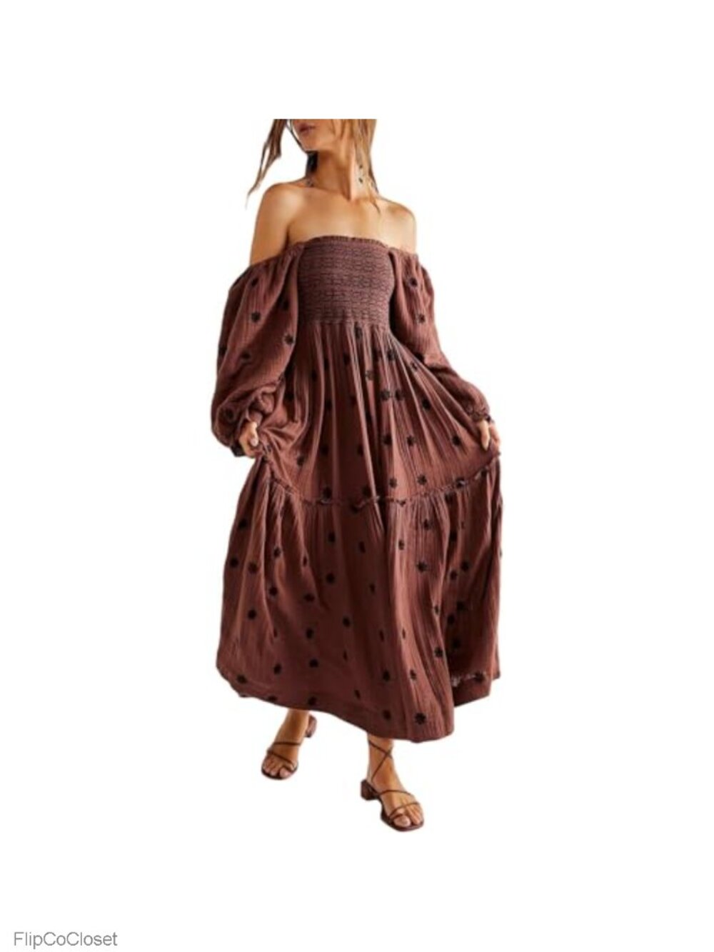 Women Floral Embroidered Maxi Dress Long Puff Sleeve Square Neck